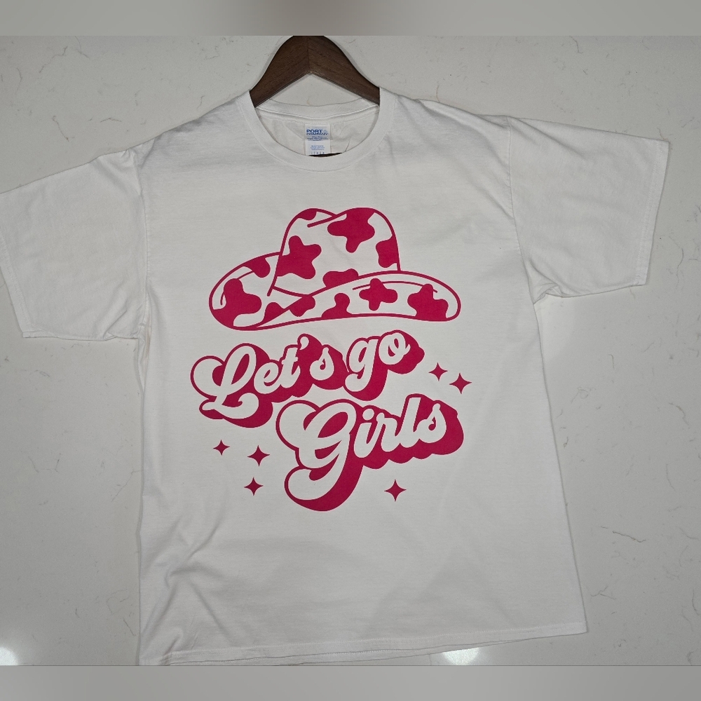 NWOT Port & Company Women's Let's Go Girls Pink & White T-Shirt Size Large‎